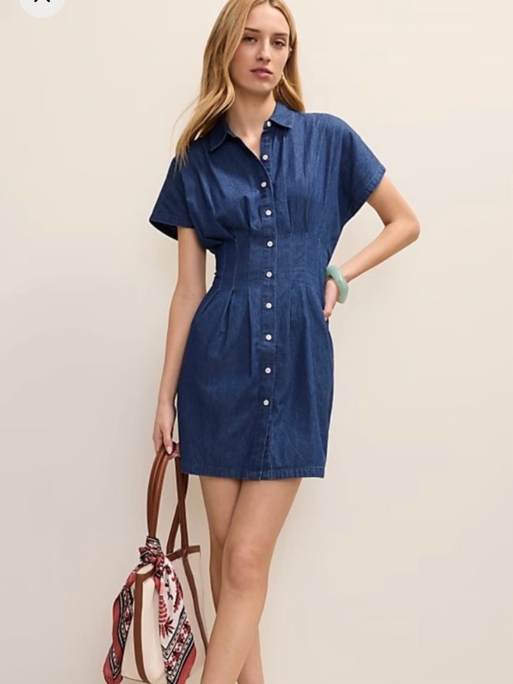 Ann Taylor Weekend Shirt Dress Women 4P Blue NEW Denim Cotton Pleated Cinched